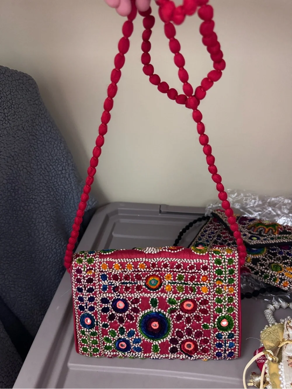Ethnic Indian Wear Pink Embroidered Mirrorwork Clutch with Beaded Strap